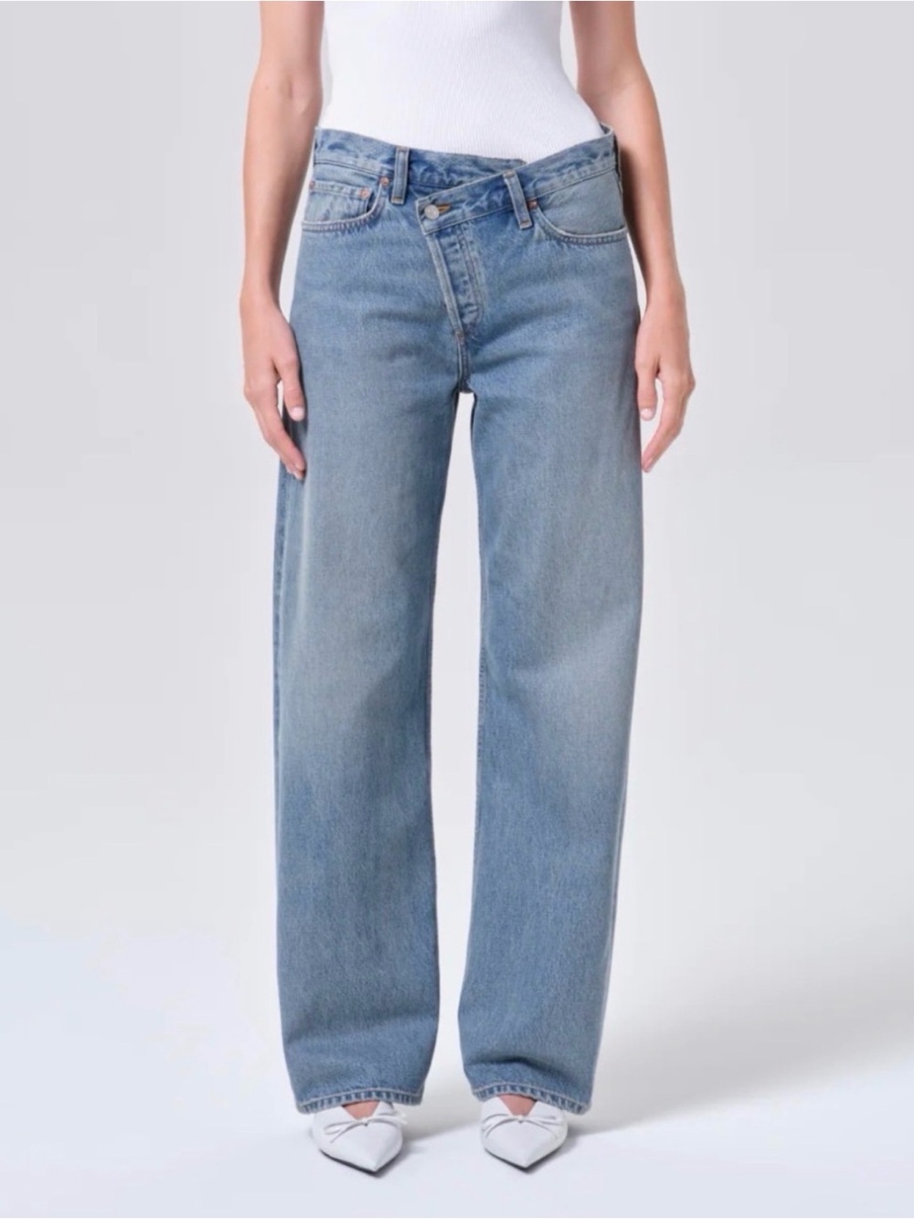 AGOLDE Criss Cross Denim Jeans Size 27 Light Wash Frayed Hem Straight Leg